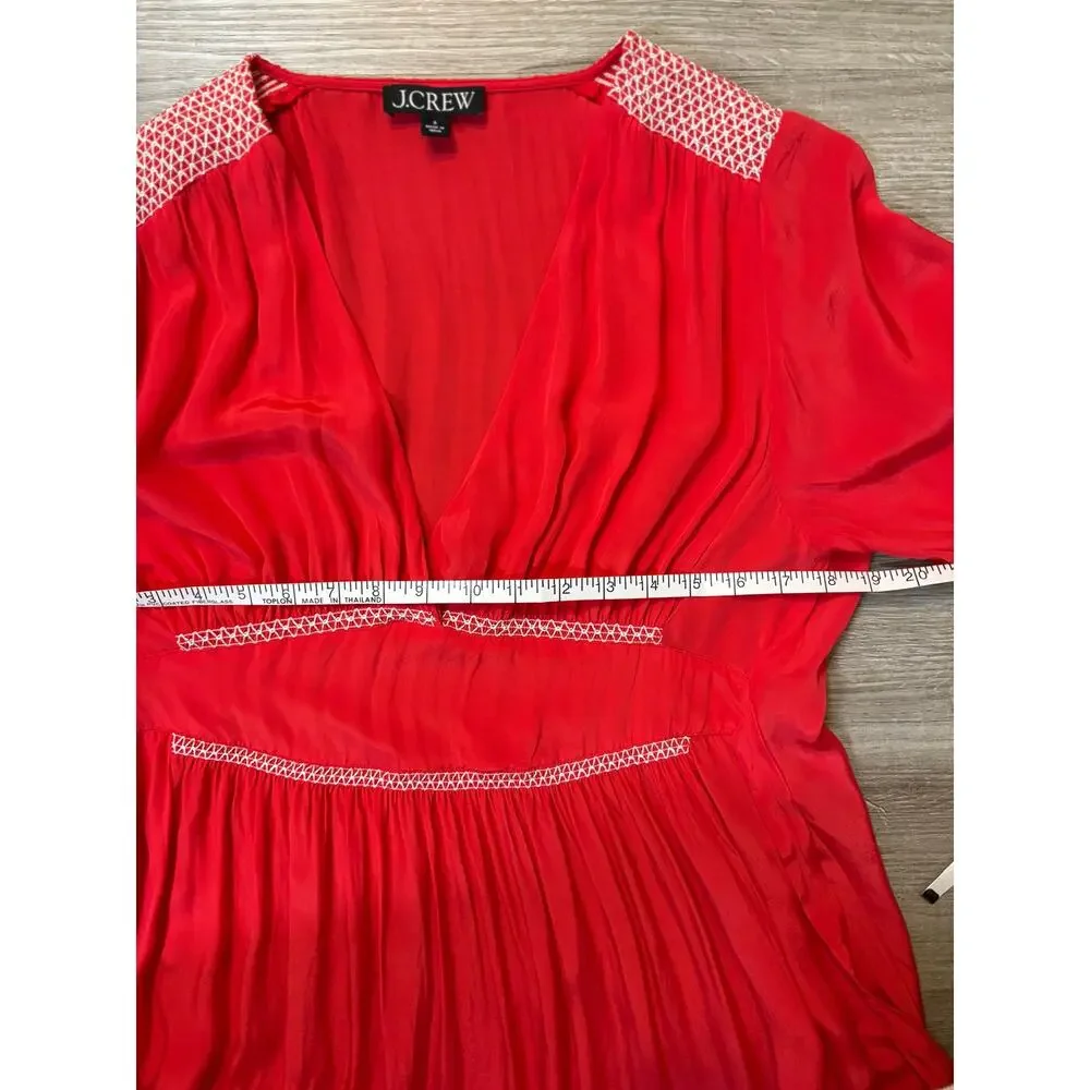 J.CREW 2025 Smocked Trim Midi Dress Crepe de Chine Red 8 M Peasant Boho Feminine